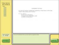 Screenshot of a program that features a sample item. Screen reads, "Assignment Details: You and your partner Amanda are organising a class forum on the topic 'Video Games and Violence.' You will need to: • find some information; • analyse some information; and • create a presentation."